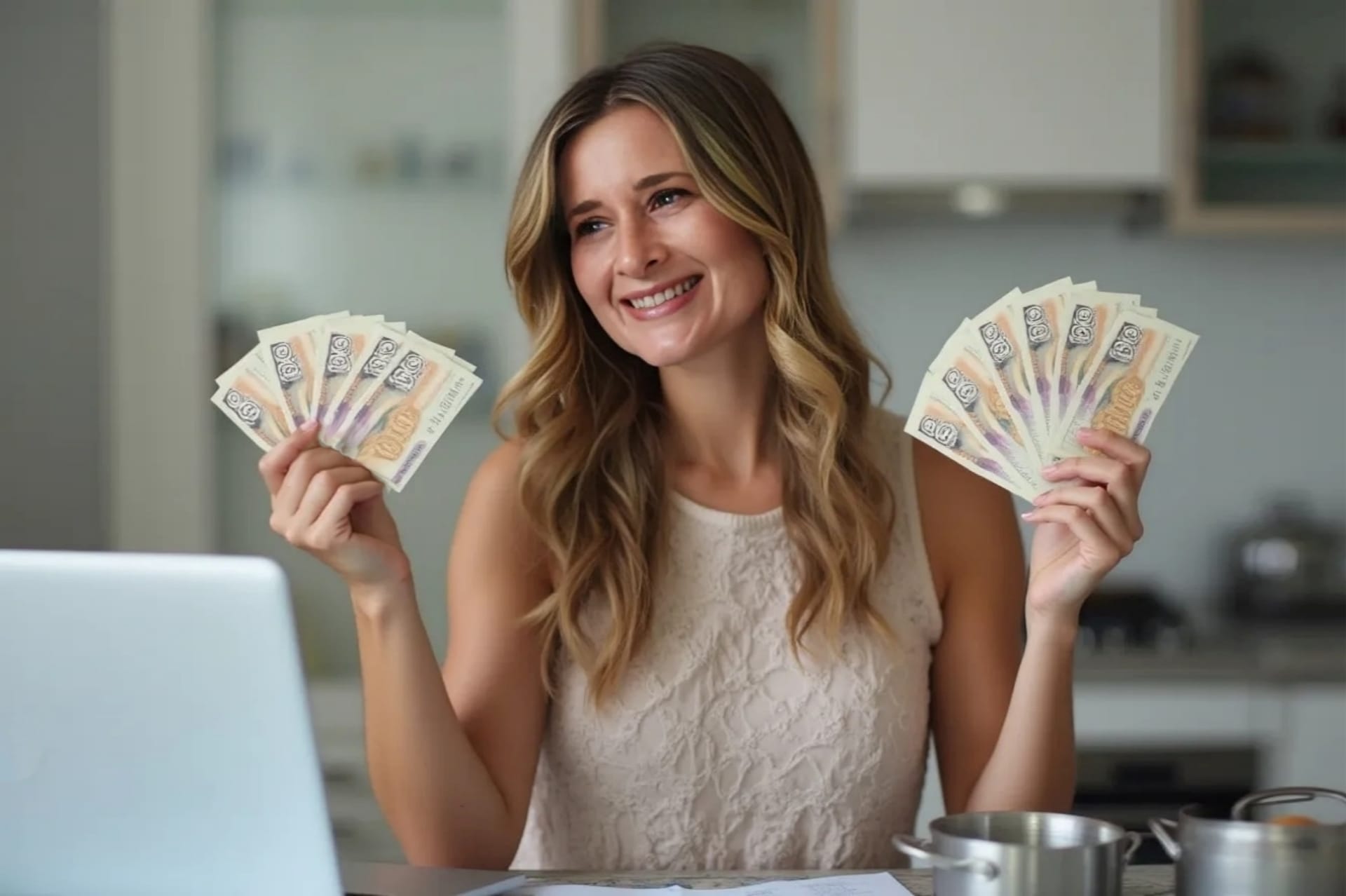 happy woman with long blonde, hair holding dollar bils in both hands and who has changed her relationship with money